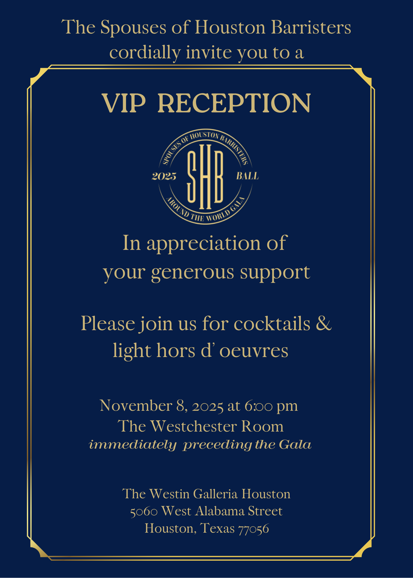 VIP Reception - Spouses of Houston Barristers 2025 Gala Event